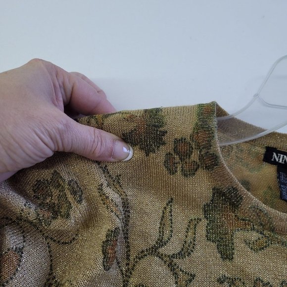 Nina Leonard Sweater Women‎ M Short Sleeve Floral Leaf Metallic Shoulder Pad - Picture 6 of 10